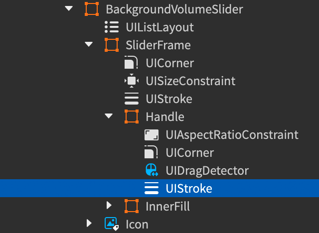Explorer window showing the UIStroke modifier within the handle of BackgroundVolumeSlider.