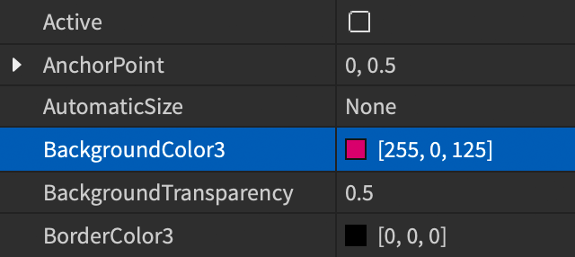 Properties window showing expected values for the InnerFill frame.
