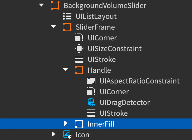 Explorer window showing the InnerFill frame within the SliderFrame container of BackgroundVolumeSlider.