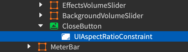 Explorer window showing a UIAspectRatioConstraint inserted into the CloseButton button.