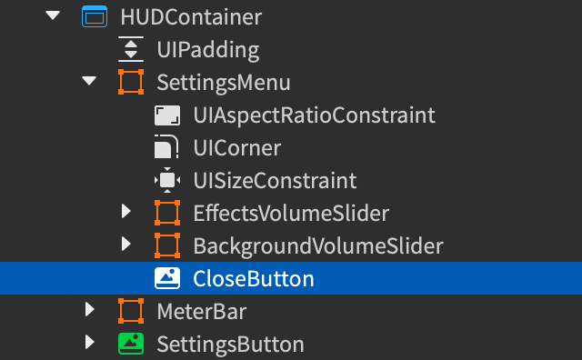 Explorer window showing a new ImageButton inserted into SettingsMenu and renamed to CloseButton.