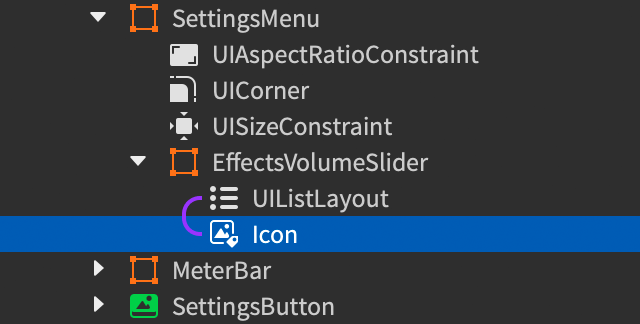 Explorer window showing an ImageLabel inserted into the EffectsVolumeSlider frame.