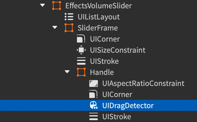 Explorer window showing a UIDragDetector inserted into the Handle frame.