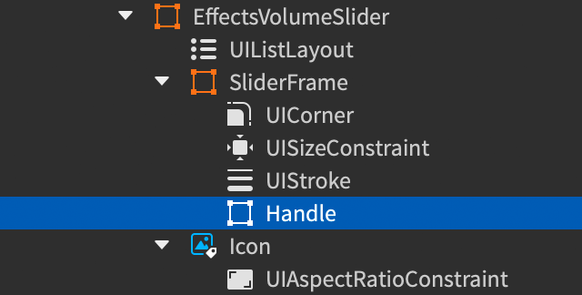 Explorer window showing a child Frame inserted into the SliderFrame frame and renamed to Handle.