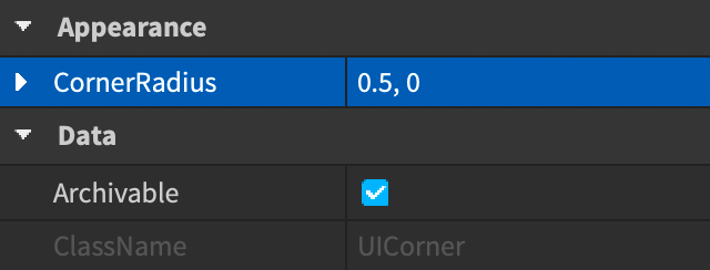 Properties window showing expected values for the new UICorner.