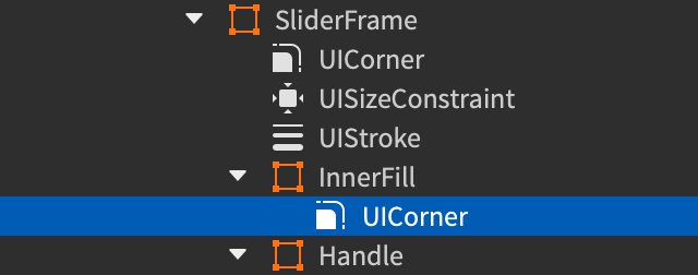 Explorer window showing a UICorner modifier inserted into the InnerFill frame.
