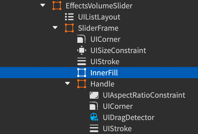 Explorer window showing a child Frame inserted into the SliderFrame frame and renamed to InnerFill.