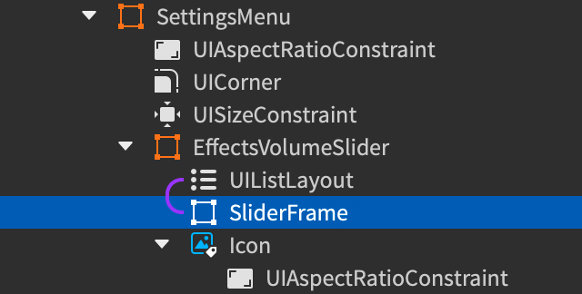 Explorer window showing a child Frame inserted into the EffectsVolumeSlider frame.