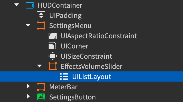 Explorer window showing a new UIListLayout inserted into the EffectsVolumeSlider frame.