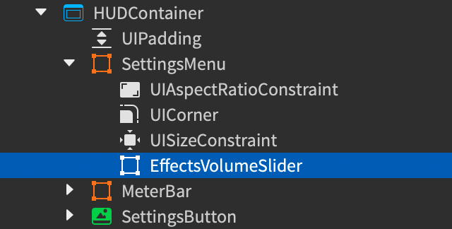 Explorer window showing a new frame inserted into the SettingsMenu frame, renamed to EffectsVolumeSlider.
