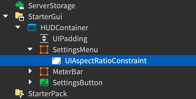 Explorer window showing a new UISizeConstraint inserted into the SettingsMenu frame.