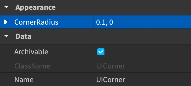 Properties window showing expected values for the new UICorner modifier.