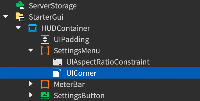 Explorer window showing a new UICorner inserted into the SettingsMenu frame.