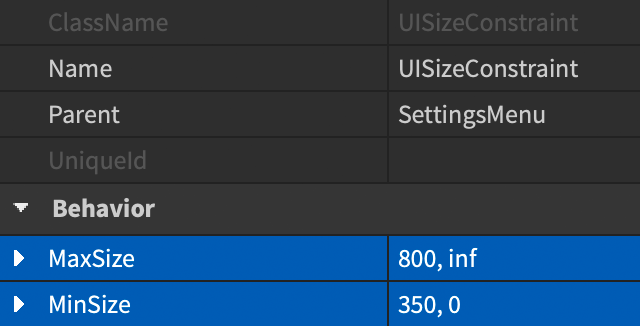 Properties window showing expected values for the new UISizeConstraint.