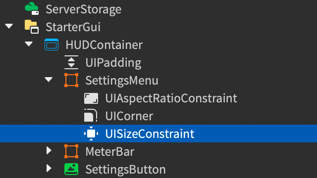 Explorer window showing a new UISizeConstraint inserted into the SettingsMenu frame.
