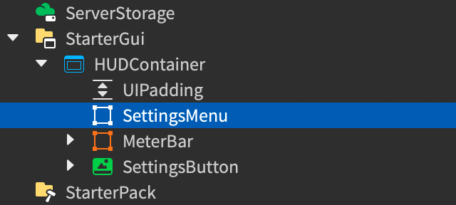 Explorer window showing new frame inserted and renamed to SettingsMenu.
