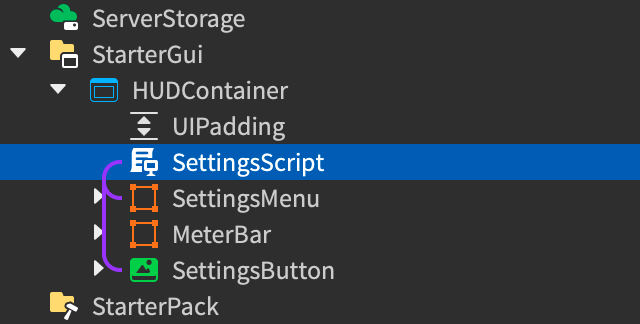Explorer window showing the SettingsScript script inside the HUDContainer container.