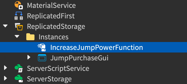 Studio's Explorer window with the IncreaseJumpPowerFunction script highlighted under the Instances folder.