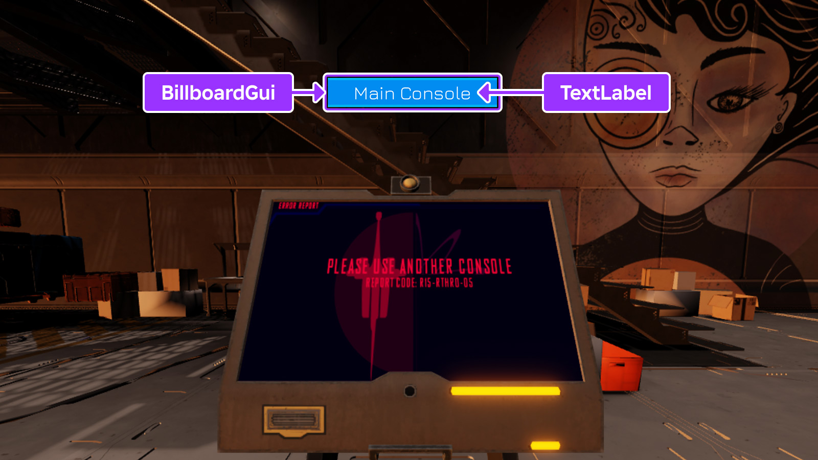BillboardGui with a TextLabel describing the screen console it floats above.