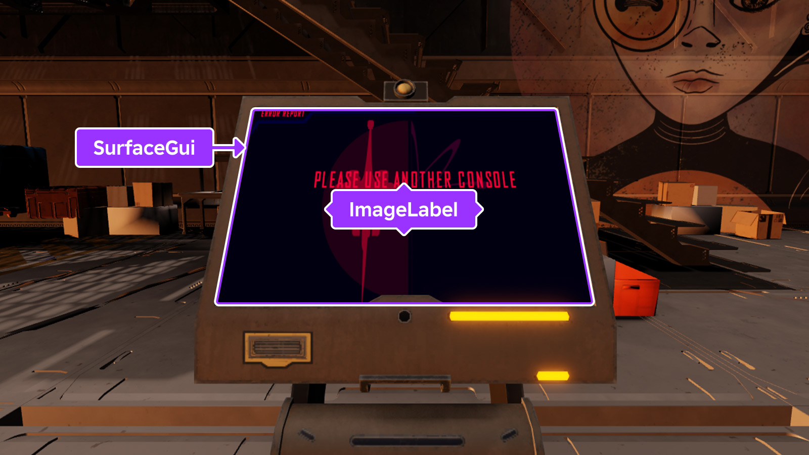 SurfaceGui on a 3D part in the place with an ImageLabel child to depict a screen console.