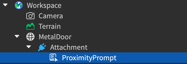 Explorer hierarchy showing a ProximityPrompt parented to an Attachment