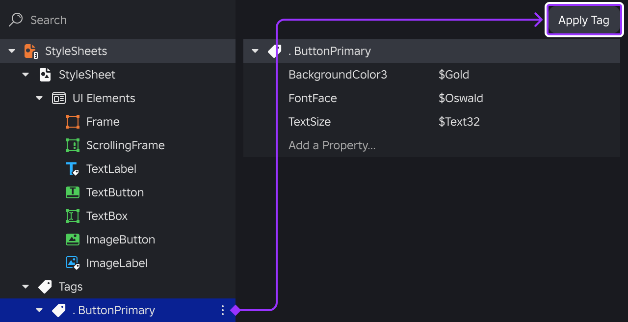 Tag linking workflow diagrammed in the Style Editor.