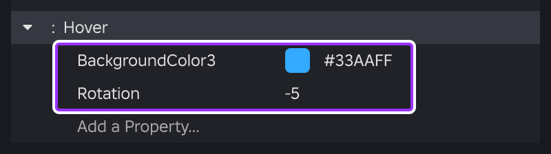 Properties on hover state rule in the Style Editor.
