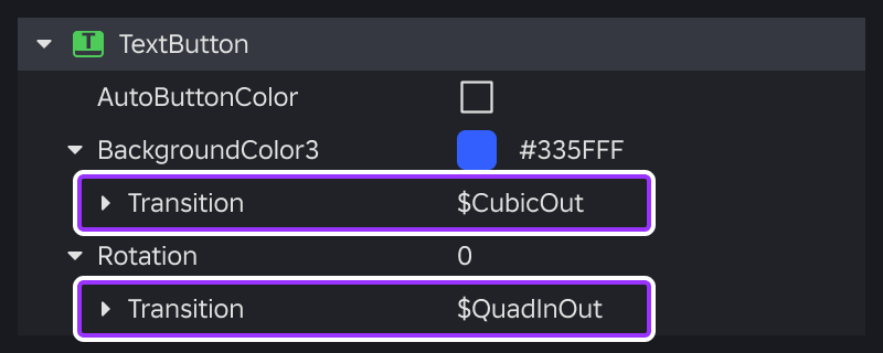 Transition tokens linked in the Style Editor.